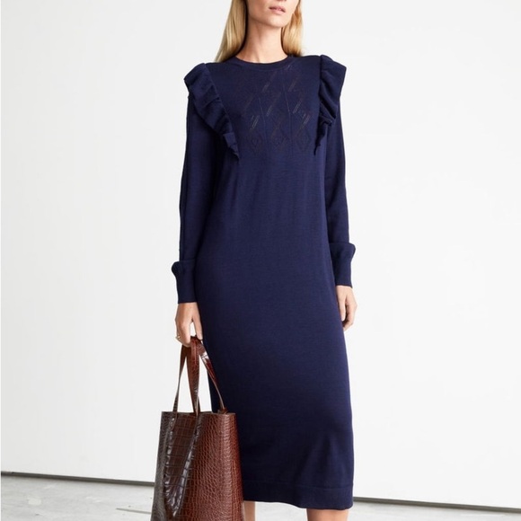 & Other Stories Pointelle Knit 100% Wool Midi Dress in "Dark Blue" Size XS - Picture 1 of 12